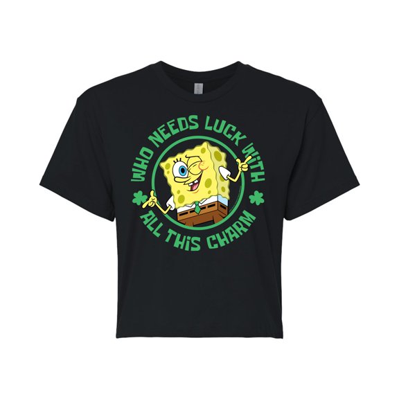 SpongeBob SquarePants - Who Needs Luck With This Charm - Juniors Cropped Cotton Blend T-Shirt