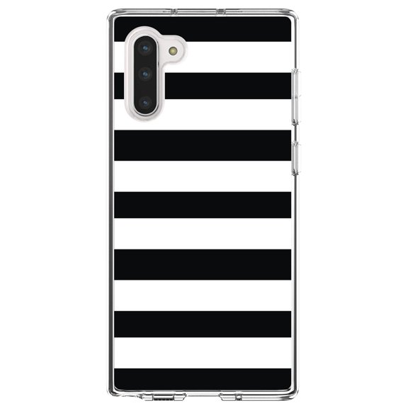 DistinctInk Clear Shockproof Hybrid Case for Samsung Galaxy Note 10 (6.3" Screen) - TPU Bumper, Acrylic Back, Tempered Glass Screen Protector - Black & White Bold Horizontal Stripes