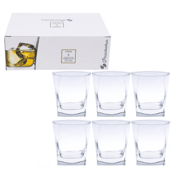 Pasabahce Carre Tumbler Glasses 6 Pack, Clear Glass Drinkware Set, Durable Square Design, Dishwasher Safe Everyday Use Glasses