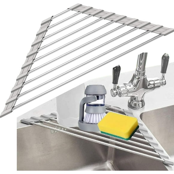 SHUYUE Triangle Dish Drying Rack for Sink corner Roll Up Folding Stainless Steel Multipurpose Over The Sink Dish Drainer Mat for Kitchen (grey)