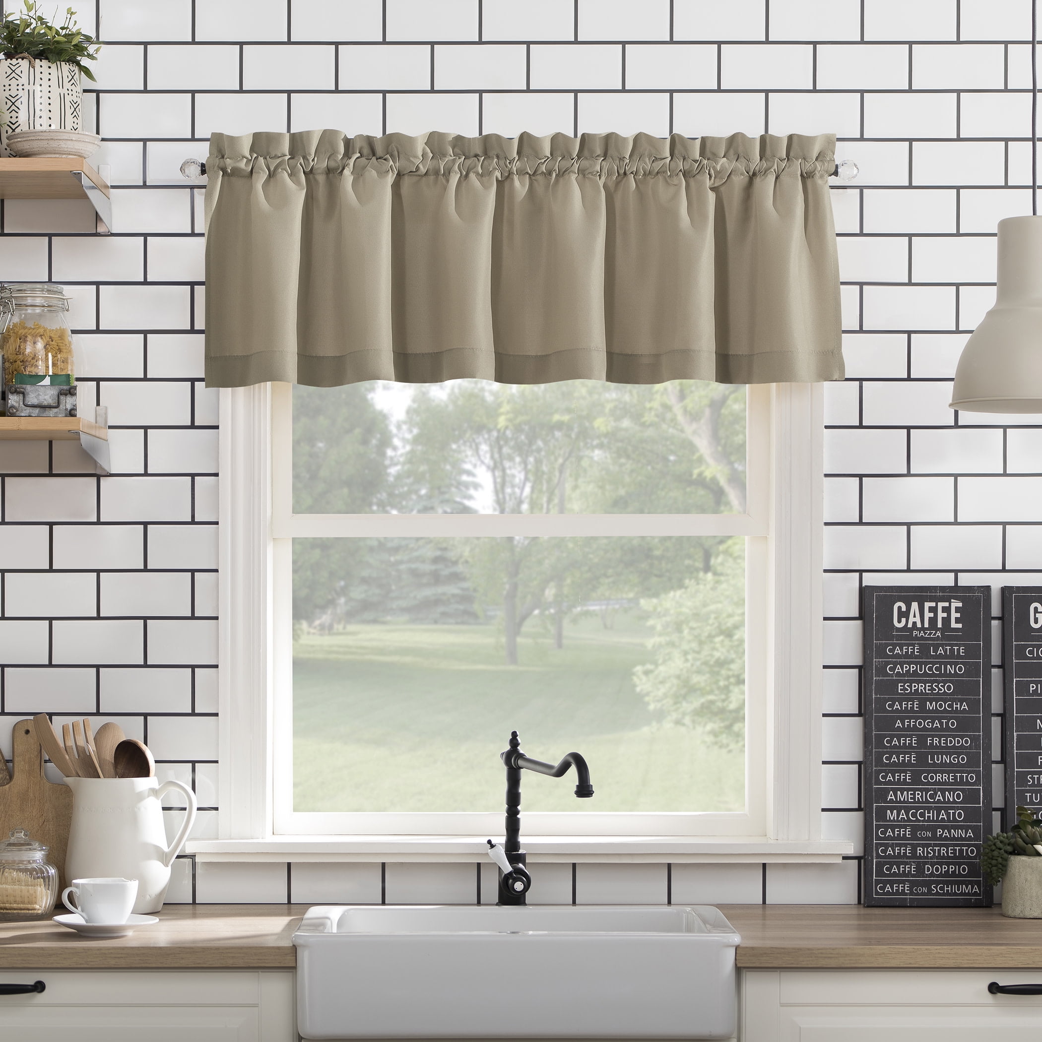 Mainstays 3-Piece Semi Sheer Rod Pocket Kitchen Window Tier Pair and Valance, 2 Café Curtains and 1 Curtain Valance, Taupe, 54"W x 36"L