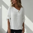 thumbnail image 4 of Hurxie Women's V-Neck Cotton Linen Shirt Top 3/4 Roll-Up Sleeve Summer Casual Loose Solid Blouses Tunic Tops with Button White M, 4 of 7