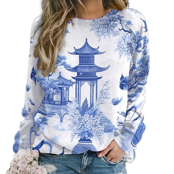 Blue Willow Seamless Pattern Women Casual Long Sleeve Hoodie Streetwear Pullovers Top Female Clothing
