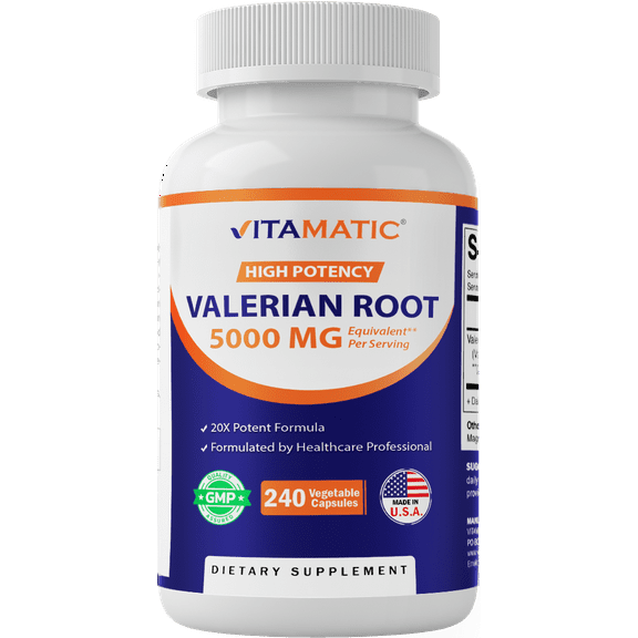 Vitamatic Valerian Root 5000 mg Equivalent per Capsule - 240 Capsules - 20X Concentrated Extract from 20:1 250mg - Herbal Sleep Aid