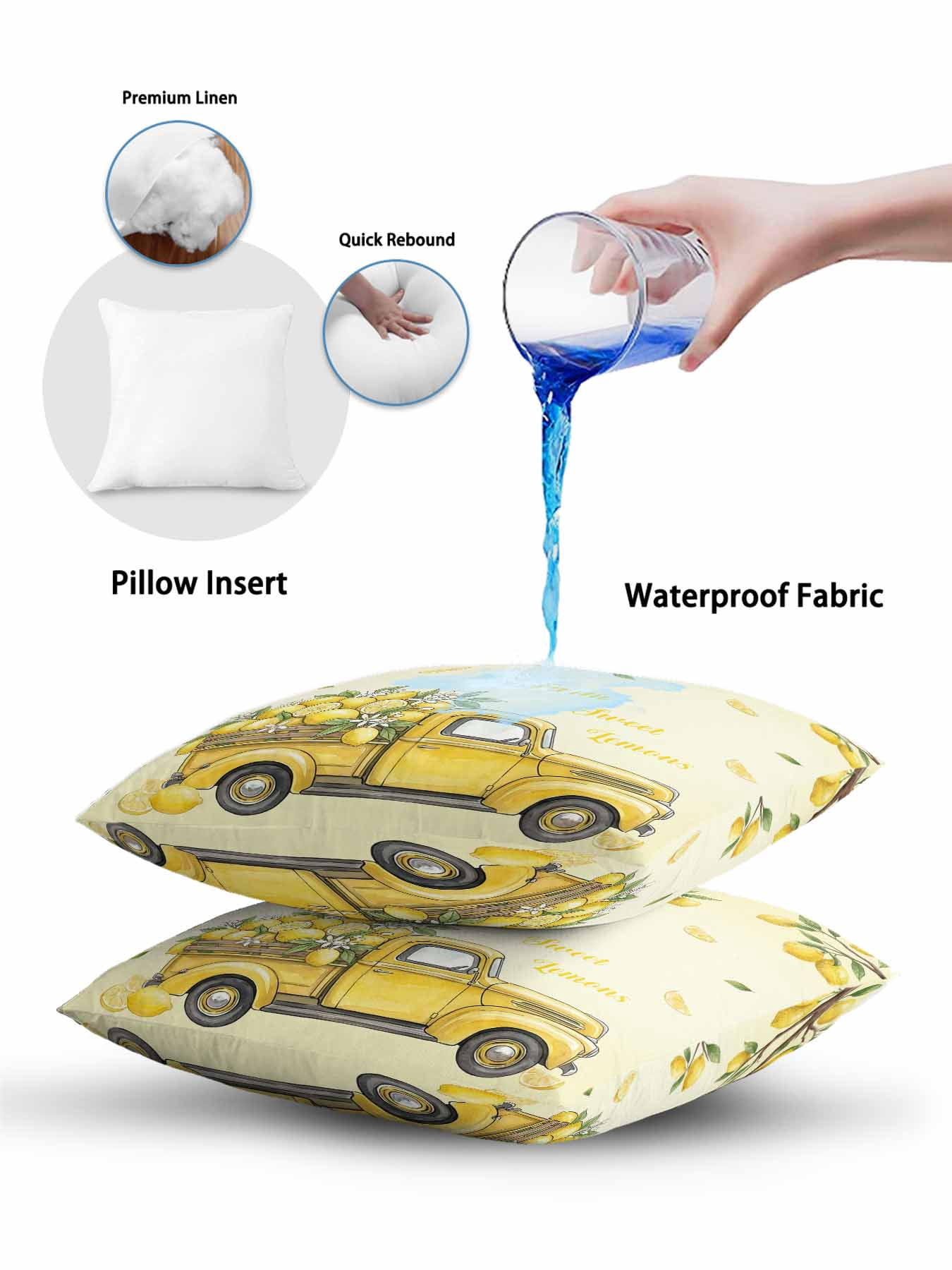 1 Pack Outdoor Pillows Waterproof, Lemon Truck Indoor/Outdoor Throw Pillows with Inserts, Summer Tropical Lemon Fruits Yellow Decorative Pillow for Patio Furniture Chairs Couch
