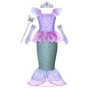 Princess Ariel Costume Little Girls Mermaid Dress Up Clothes Purple Fancy Outfit with Tiara Wand Mace Gloves Accessories Set for Toddler Kids Halloween Cosplay Birthday Party Size 7-8 Years
