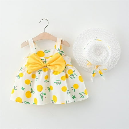 

THE WILD Toddler Dress Cute Bowknot Ruffled Fruit Print Square Neck Sleeveless Midi Prom Dress And Hat White