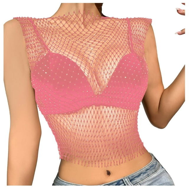 VJATTWR Oversized Tshirt Women Women's Rhinestone Mesh Tank Tops See Through Diamond Crop Top L