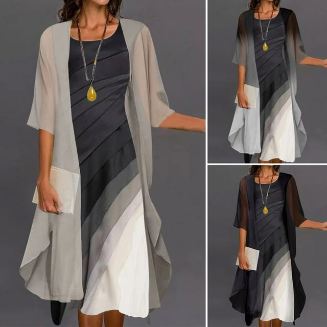 2 Pcs/Set Women Coat Dress Set Contrast Color Thin See-through Mesh Pleated Gradient Shawl Dress Set Banquet Clothes