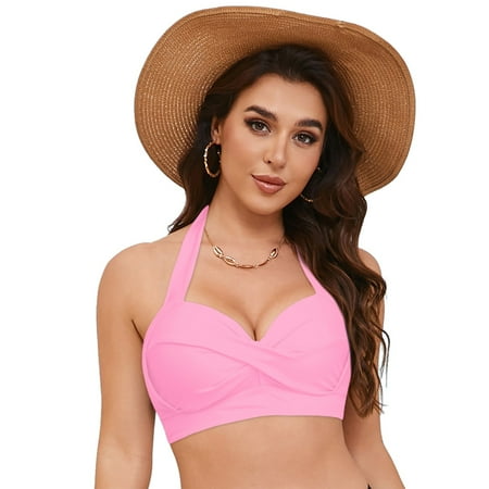 Hauetro Women Bikini Top Push Up Swim Top Halter Retro Bathing Suit Top Padded Swimsuit Top Only(Pink M)