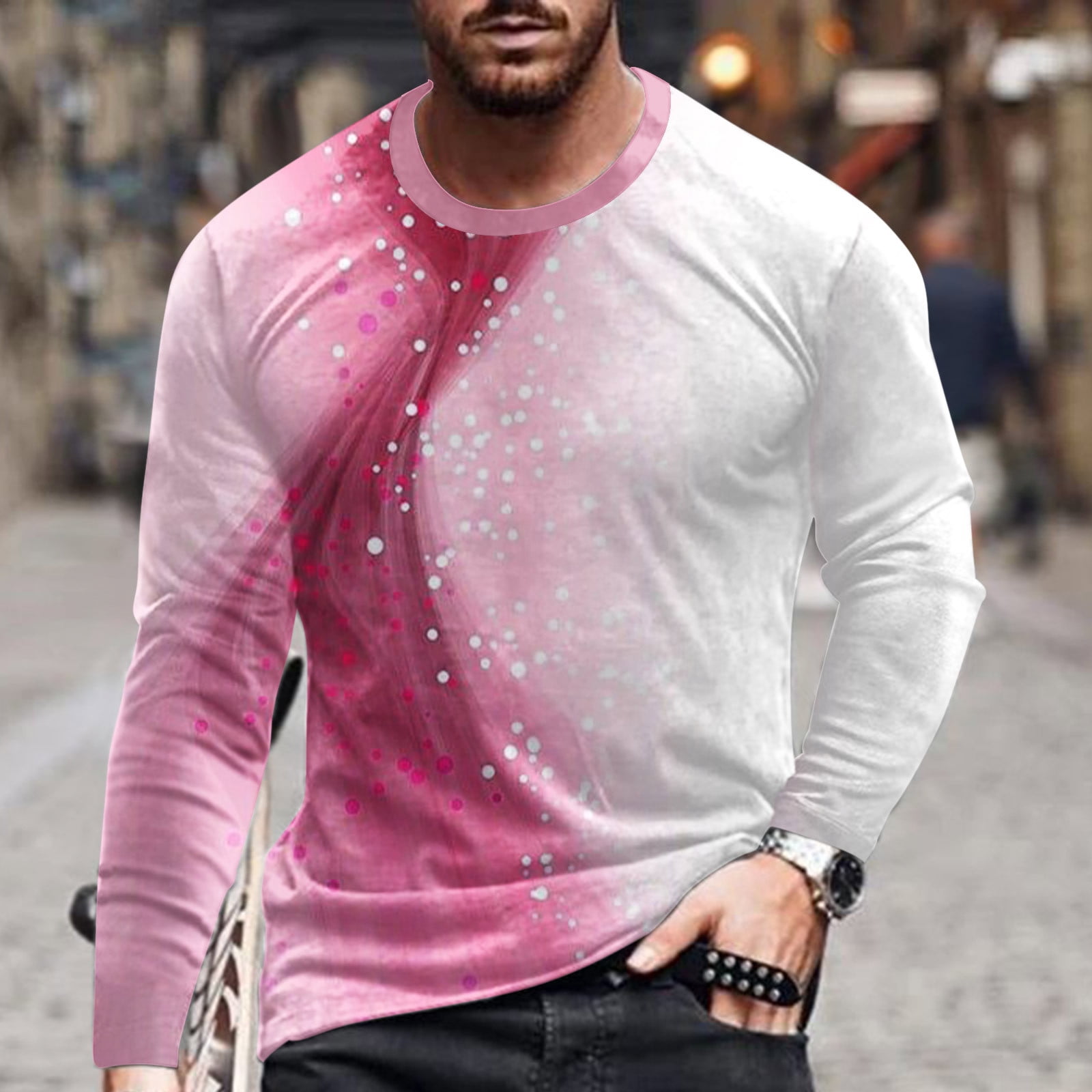XFLWAM 3D Print Shirts for Men Unisex Graphic Shirts Fashion Plus Size  Crewneck T-Shirt Long Sleeve Streetwear for Mens Rainbow Pink XL