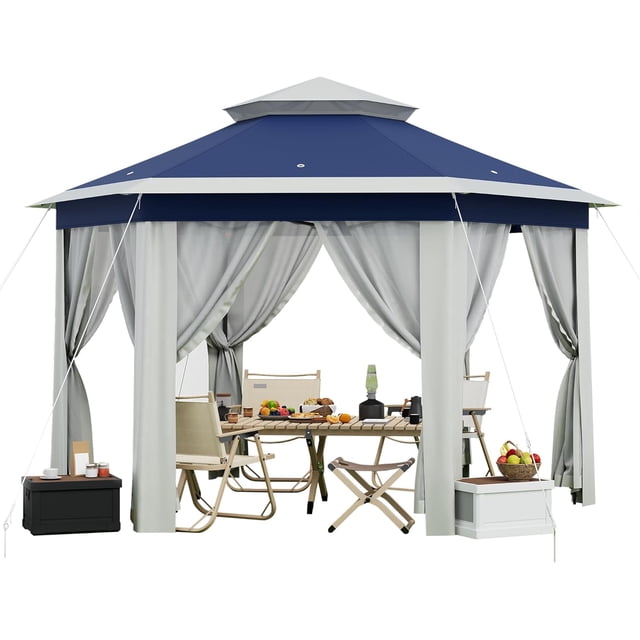 Gazebo Escamotable 13 X 13 Pi, Tente Extérieure Instantanée à un Clic avec Moustiquaire, 3 Hauteurs Réglables, Cadre Robuste, Sac à Roulettes