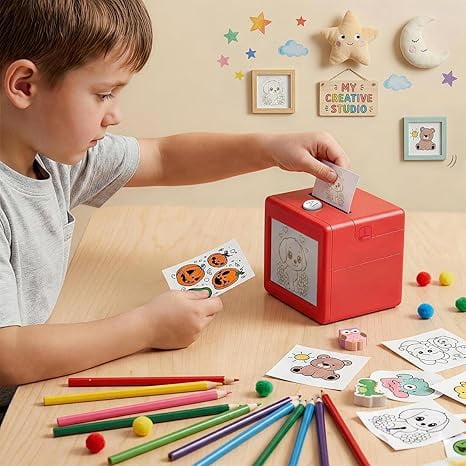 AI Sticker Box Printer, Smart AI Voice Sticker Printer Box Maker Mini Inkless Thermal Stickerbox Printer, Portable AI Sticker Maker for Home Office Study & DIY Projects, 8 Rolls Paper