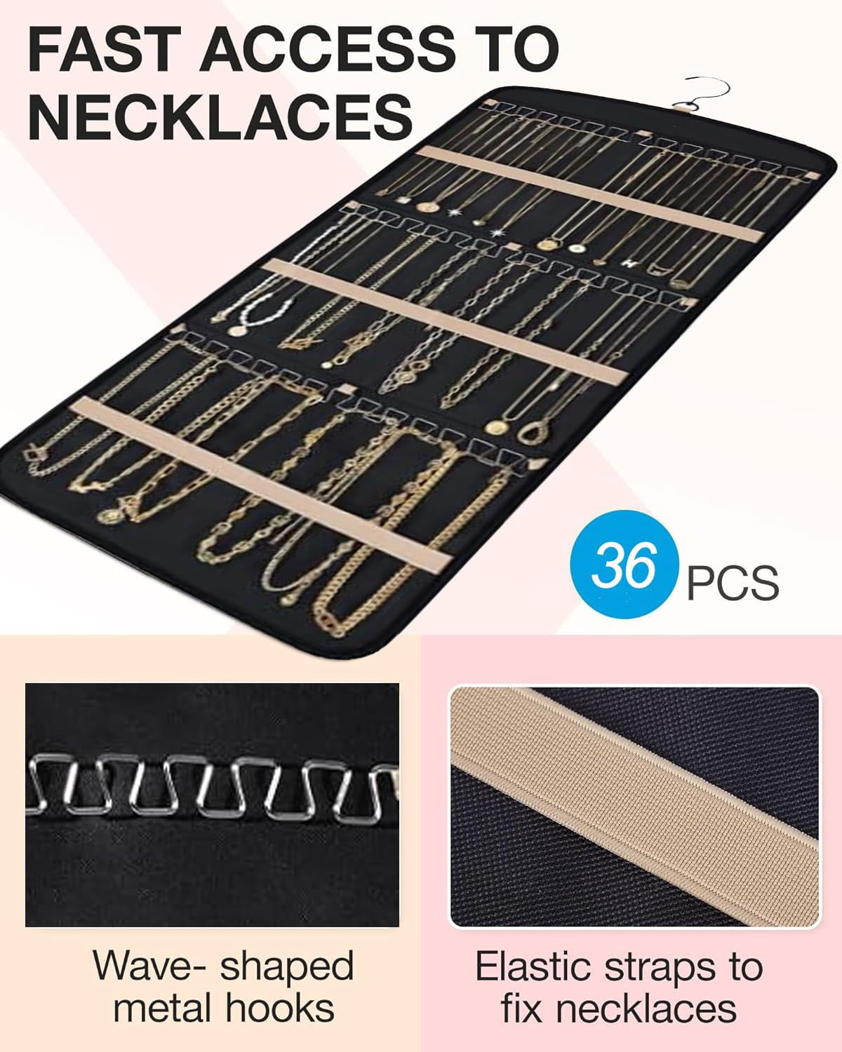 Hanging Jewelry Organizer with 39 Pouches, 36 Necklace Hooks, Double Sided Necklace holder