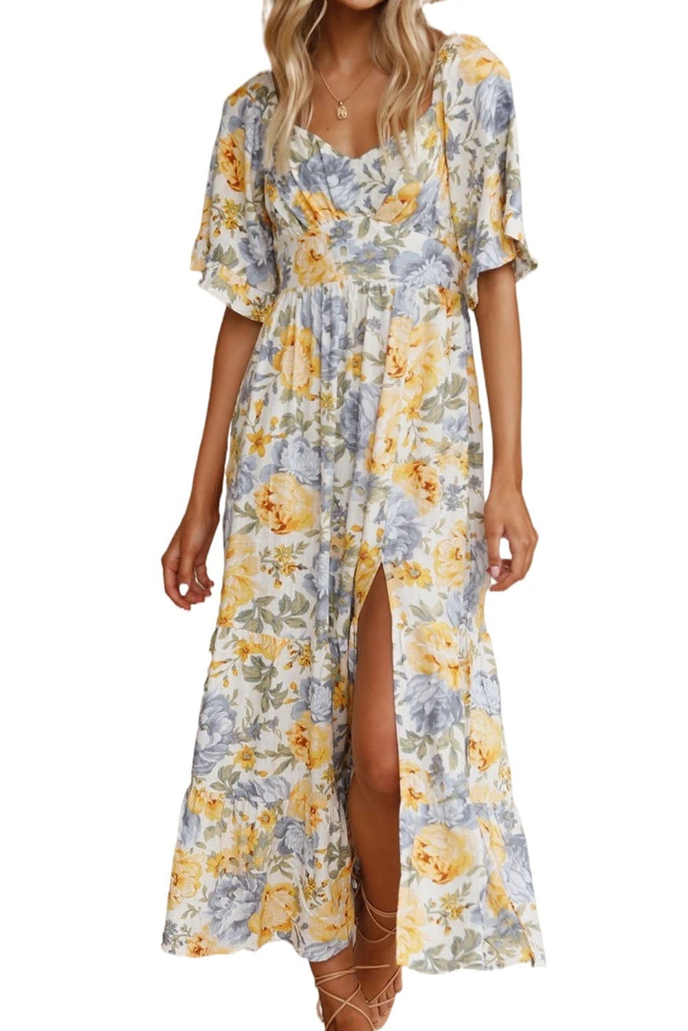 Women White Floral Print Flutter Sleeve 