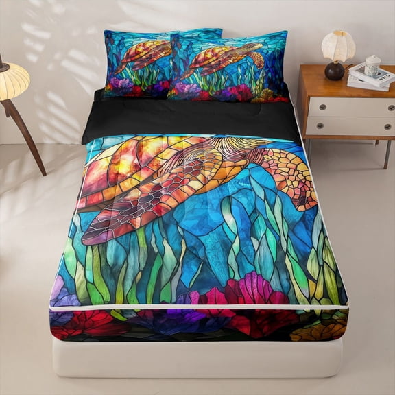 Manfei Stained Glass Sea Turtle Zipper Twin Comforter Sets with Fitted Sheet and 2 Pillowcases for Kids Boys and Girls, Underwater Coral Zipper Bedding Set, Black Reversible, 4 Pieces