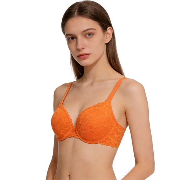 WDDDD Women's Lace Push Up Bra with Side Coverage Orange 90B