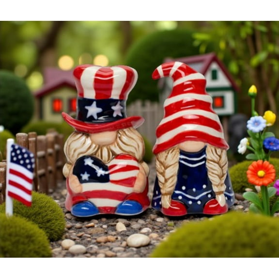 Ceramic Patriot Gnome Salt and Pepper Shakers, July 4th Decor, Independence Day Decor, Fairy Garden Decor, Patriotic Gift, Gnome Collector Gift