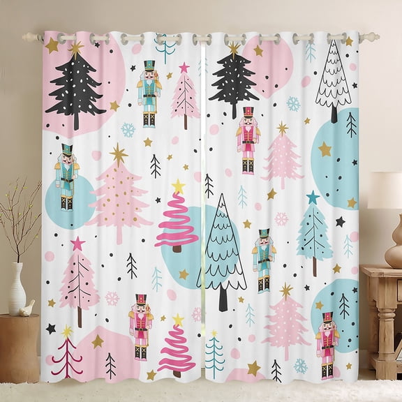 Homewish Pink Xmas Tree Blackout Curtains Set of 2 (52x84 Each) for Kids, Kawaii Cartoon Nutcracker Window Curtains, Christmas Stars Curtains and Drapes, Curtains and Drapes Room Decor