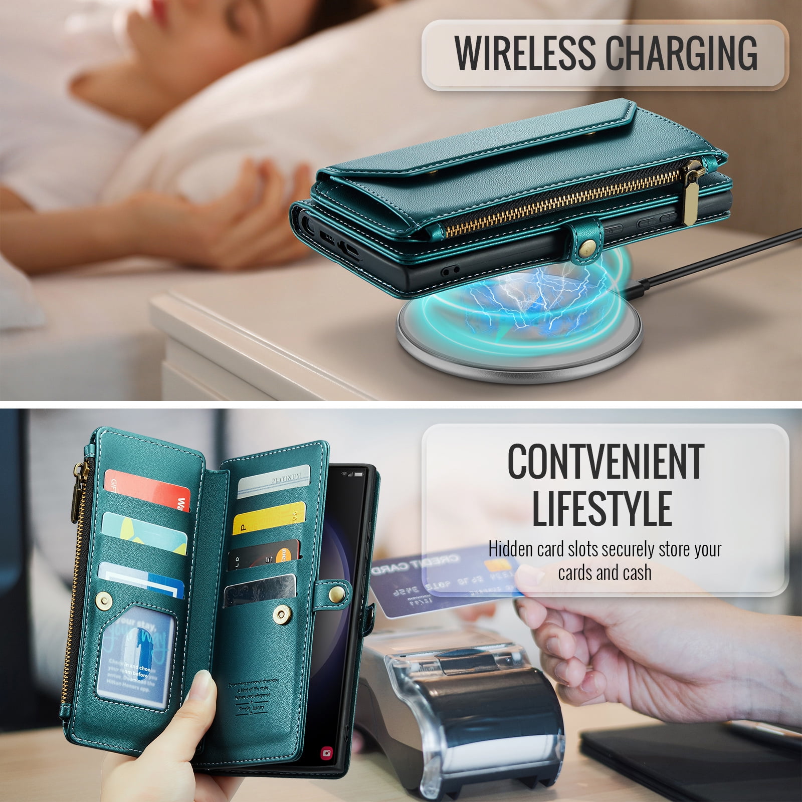 Compatible with Samsung Galaxy S23 Ultra 5G Zipper Wallet Phone Case Tempered Glass Screen Protector Crossbody Lanyard Strap Flip Card Holder Slot Cell Cover for S23Ultra 23S S 23 6.8 Women Green