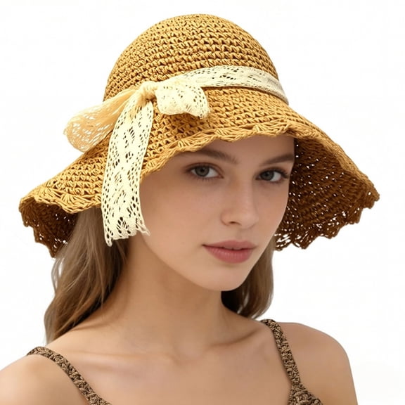 Delayuji Womens Bowknot Hat Elegant Lace Bow Decor Woven Wide Brim UV Protection Breathable Summer Hats Stylish Floral Hat Outdoor Daily beach hat Sun Hat