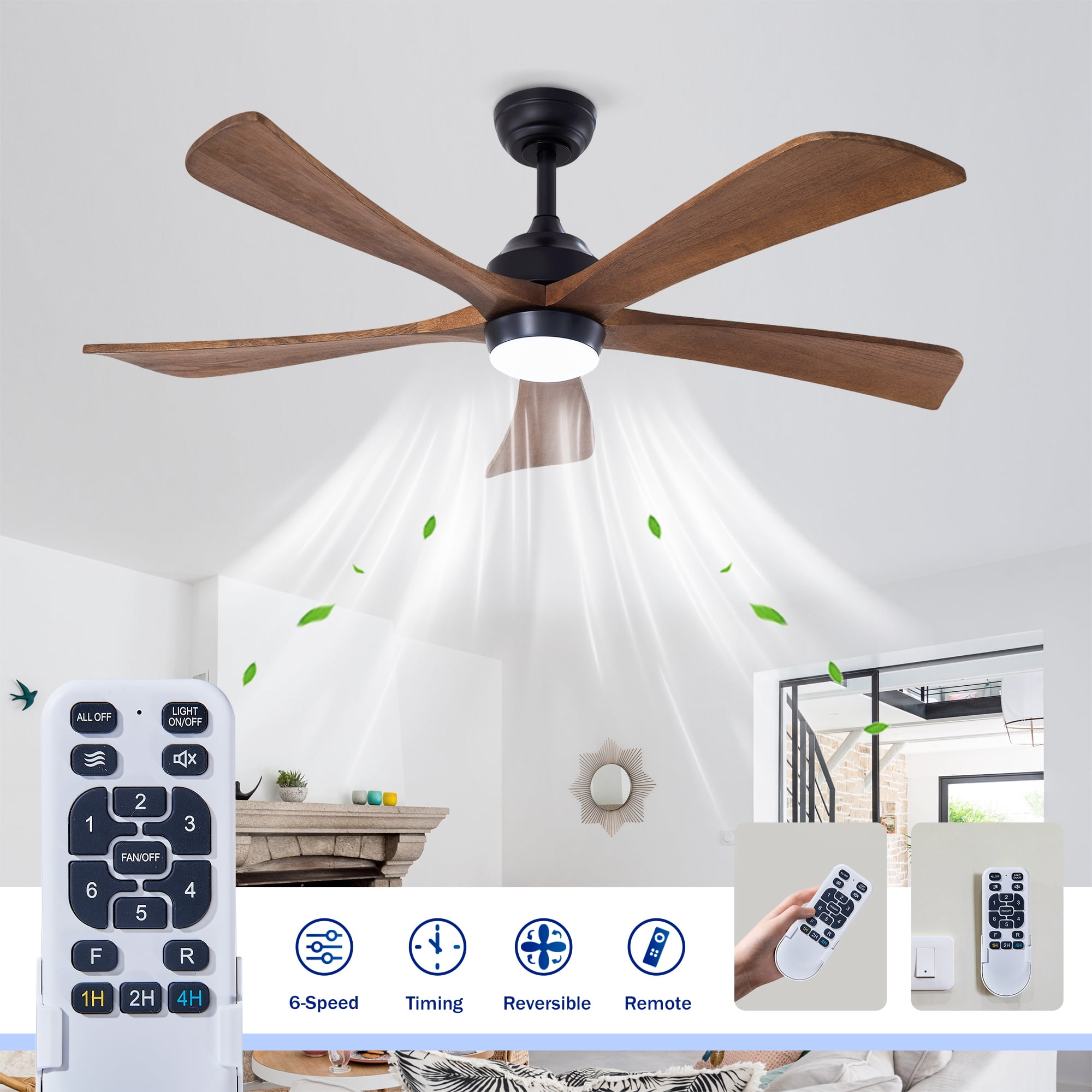 Leumius 52" Solid Wood Blades Ceiling Fan with Light and Remote Control,Quiet DC Motor 5 Blade Ceiling Fans 6 Speed Levels,Reversible for Patio Living Room Bedroom Office Black