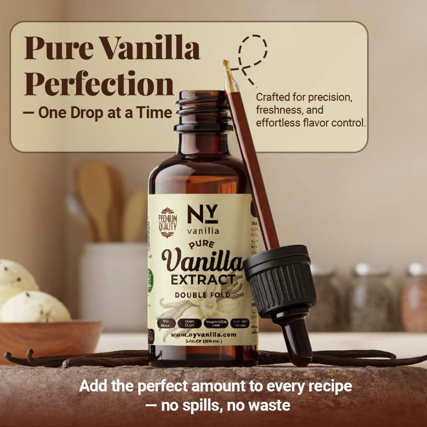 NY Vanilla Pure Vanilla Bean Extract Double Fold, 3.4 oz (100 ml), Non-GMO, No Additives, Premium Vanilla Flavor for Baking, Ice Cream, Cakes, Cookies & Cooking