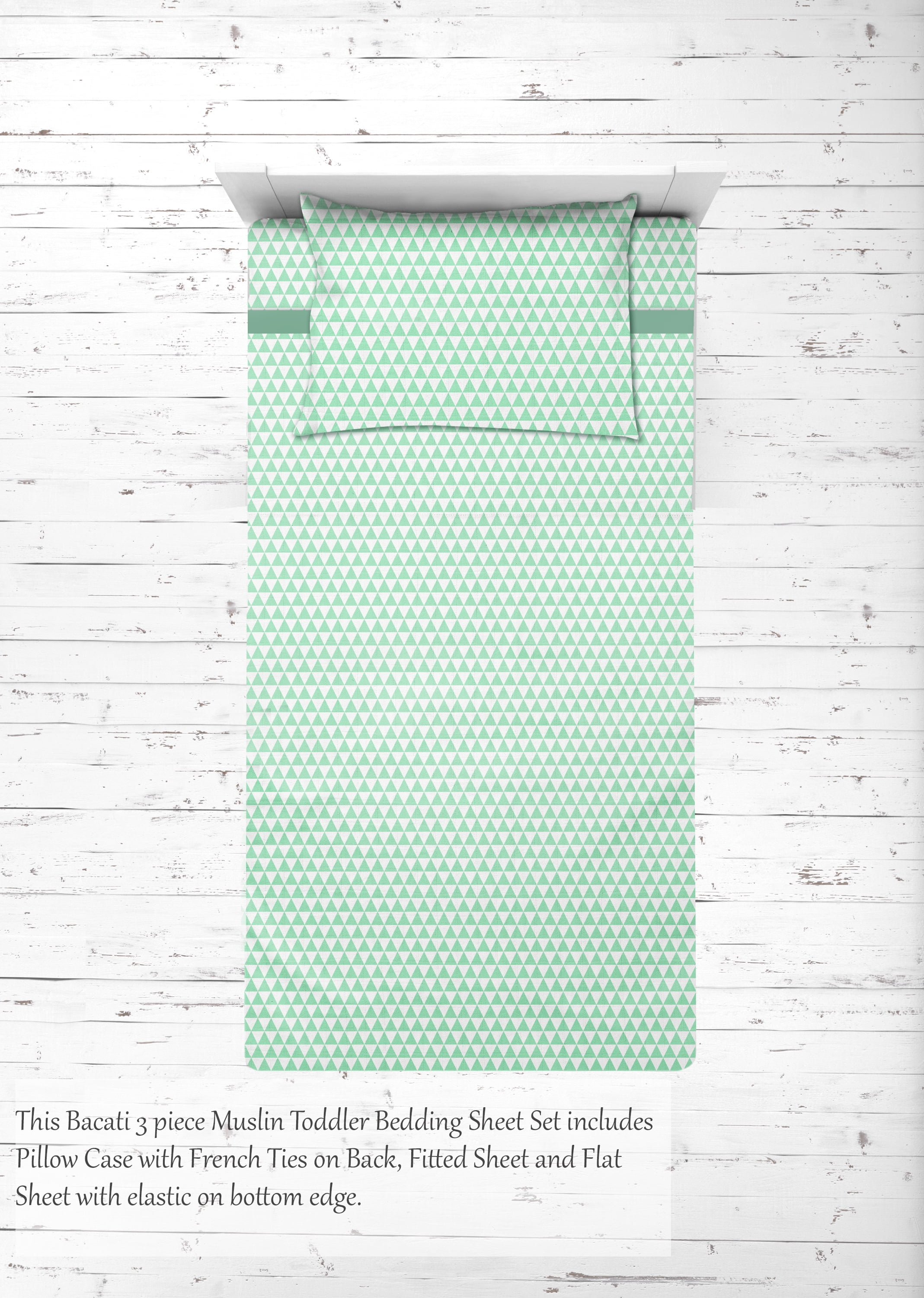 Bacati - Aztec Mint/Navy 3-Piece 100% Cotton Muslin Toddler Bedding Sheet Set, Triangles