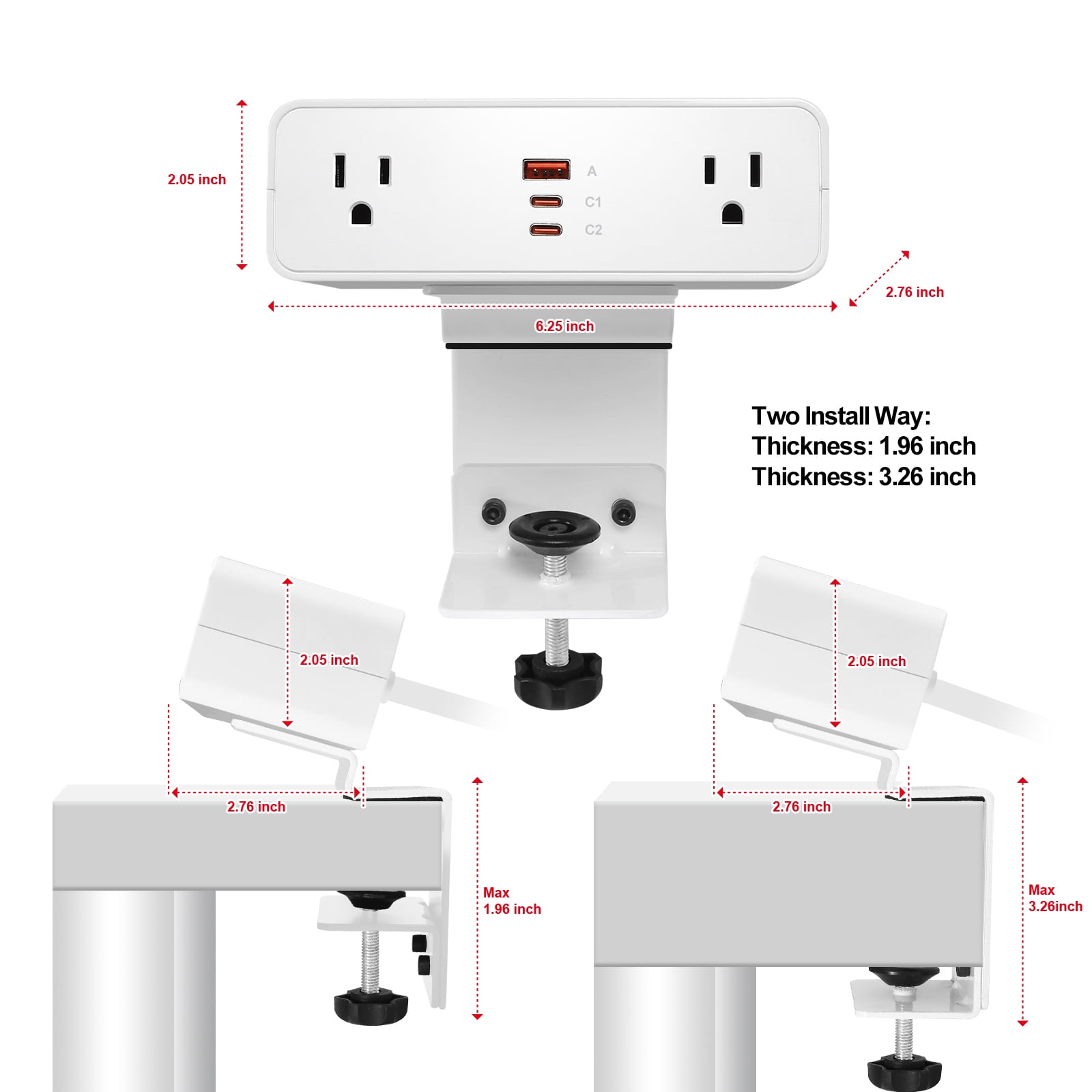 Desk Clamp Power Strip USB C 65W, Desktop Edge Mount Fast Charge Station 3 PD USB Port 2 AC Outlets 6ft Braided Extension Cord Flat Plug Fit Max 3.26’’ Tabletop Edge for Gaming Office Table
