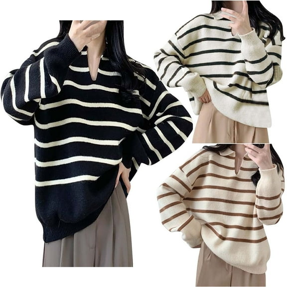 Lovskoo Sweaters for Women Long Sleeve Collar Winter Japanese Vintage Loose Top Knit Sweater Black