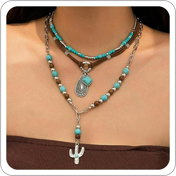 Country Concert Jewelry Western Necklaces for Women Boho Turquoise Necklace Cowgirl Cowboy Western Layered Necklace Bohemian Vintage Country Accessorie