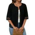 thumbnail image 3 of Womens Casual 3/4 Sleeve Cardigan 2025 Trendy Loose Open Front Shirts Solid Color Lace Blouse Outfits Black L, 3 of 7