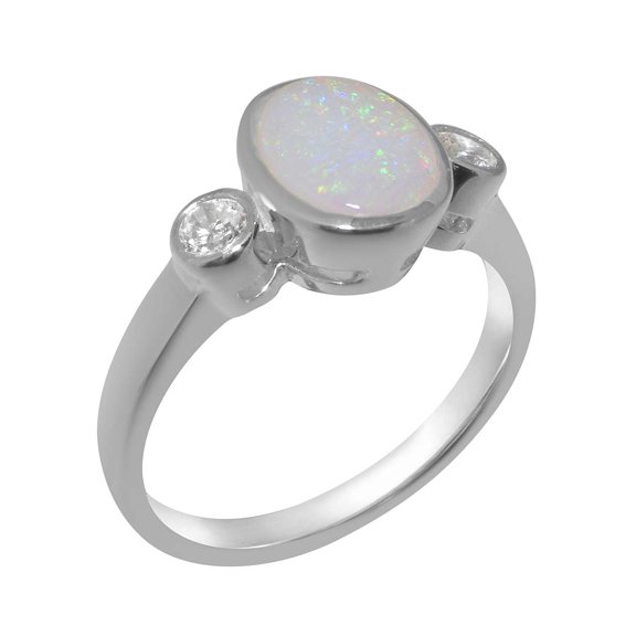 LBG British Made 9k White Gold Natural Opal & Cubic Zirconia Womens Anniversary Ring - 33 size options - Size 10