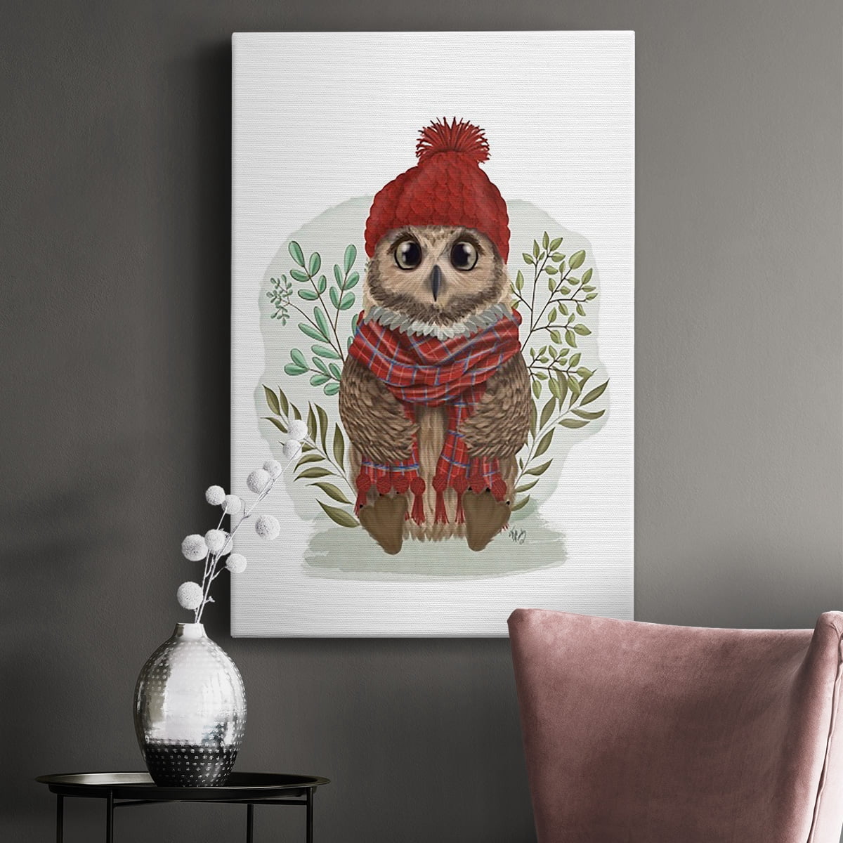 Owl in Tartan Scarf Premium Gallery Wrapped Canvas - Ready to Hang
