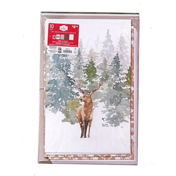 Holiday Time, paquet de 10 coffrets cadeaux assortis, Cerf à thème nature, icône d'hiver, pomme de pin, arbres d'hiver, plaid