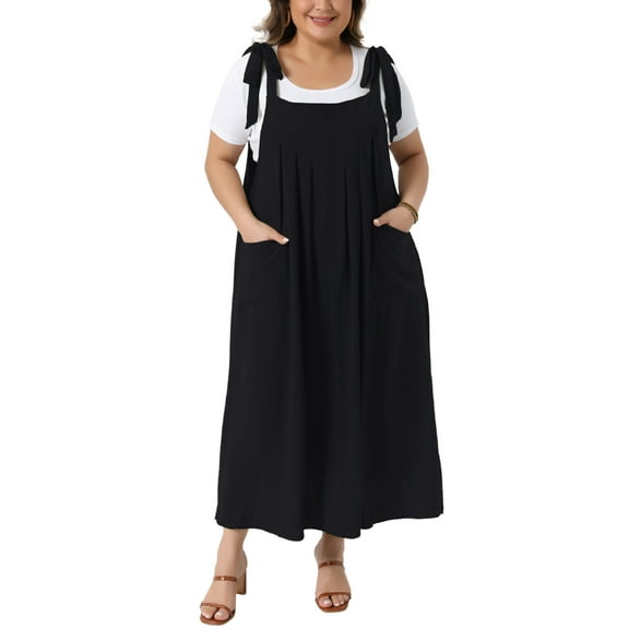 Agnes Orinda Women's Plus Size St. Patrick's Day Pinafore Dress Tie Shoulder Strap Pleated Jumper Dress Casual Overall Dress with Pockets 2X Black