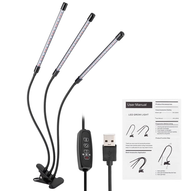 Lámpara LED flexible de 3 tubos USB de 30 W para cultivo de plantas de espectro completo con clip para plantas de interior