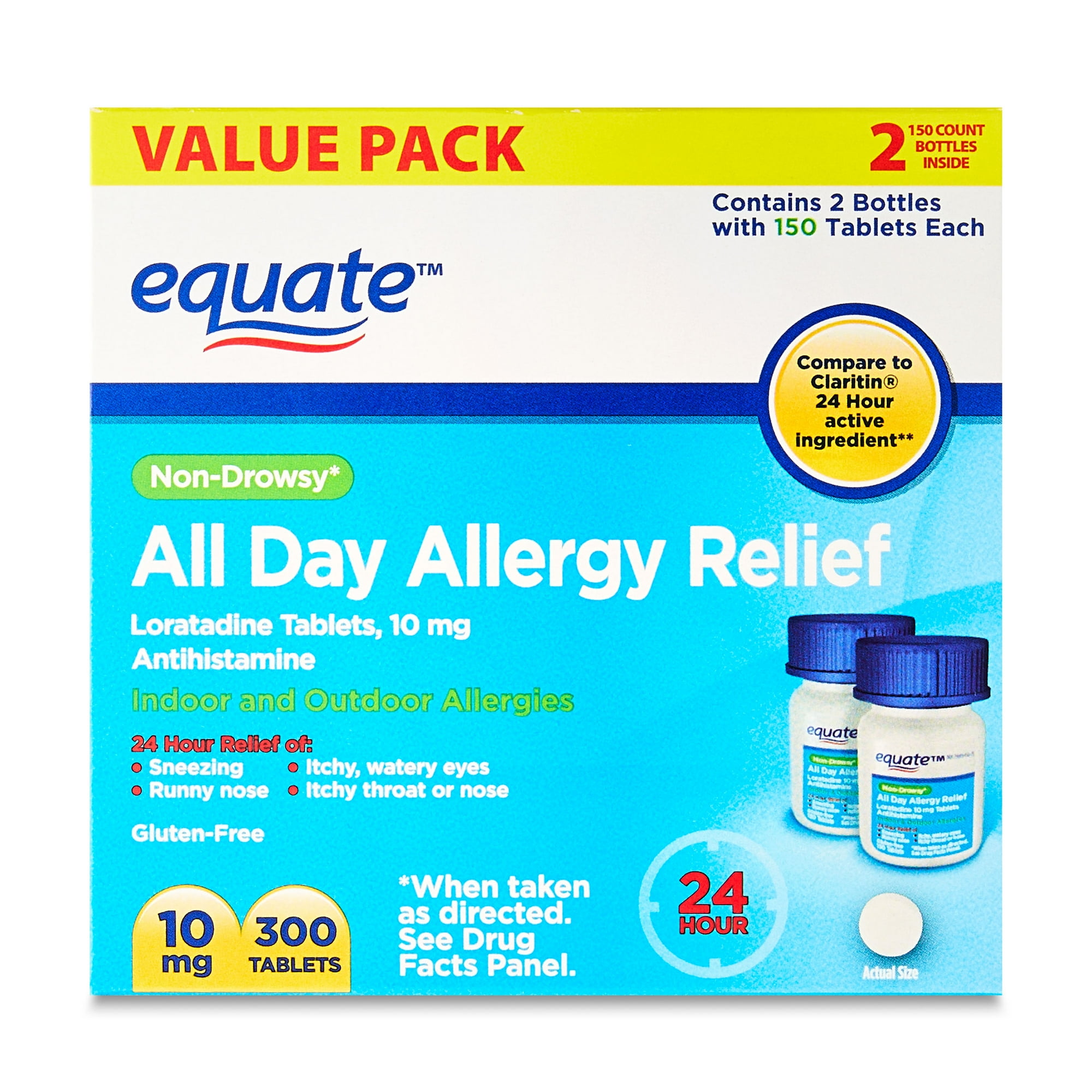 Equate Non-Drowsy All Day Allergy Relief Loratadine 10 mg Tablets Antihistamine, 300 Count, Compare to ClaritinÂ® 24 Hour Active Ingredient