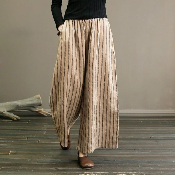 Cotton Linen Pants for Women Stripes Elastic Waist Drawstring Wide Leg  Pants Casual Loose Crop Trousers with Pockets 