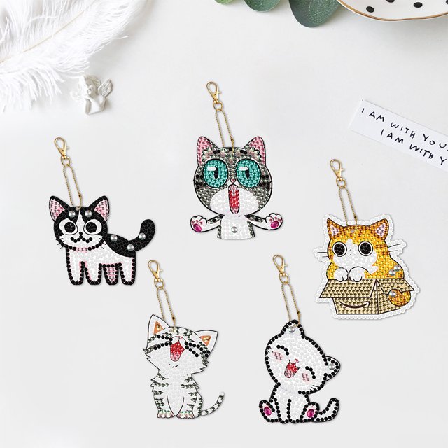 Cuadros Decorativos 5pcs diamante pintura gatito llavero DIY cristal taladro llavero (YSGJ011) Tmvgtek embutido en tela
