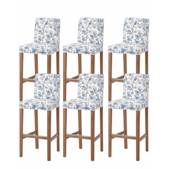 Blue Floral Birds Bar Stool Covers Set of 6, Farmhouse Flowers Pastoral Stretch Washable Bar Chair Covers with Backs, Removable Pub Counter Height Chair Cover for Kitchen Dining Room Cafe