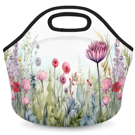 Herdesigns Wildflowers Botanical Insulated Neoprene Lunch Bag for Women Men Lunch Box Washable Reusable Lunch Tote Lightweight Lunch Handbag for Work Outdoor Picnic
