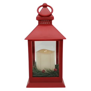 Holiday Time Christmas 9-inch Plastic LED Pillar Candle Lantern, Red