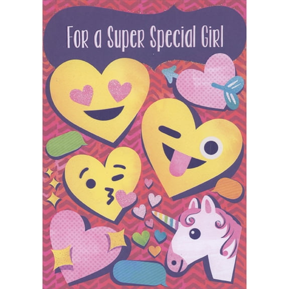 Designer Greetings For a Super Special Girl: Smiley Faced Hearts, Pink Hearts and Unicorn Juvenile Valentine's Day Card