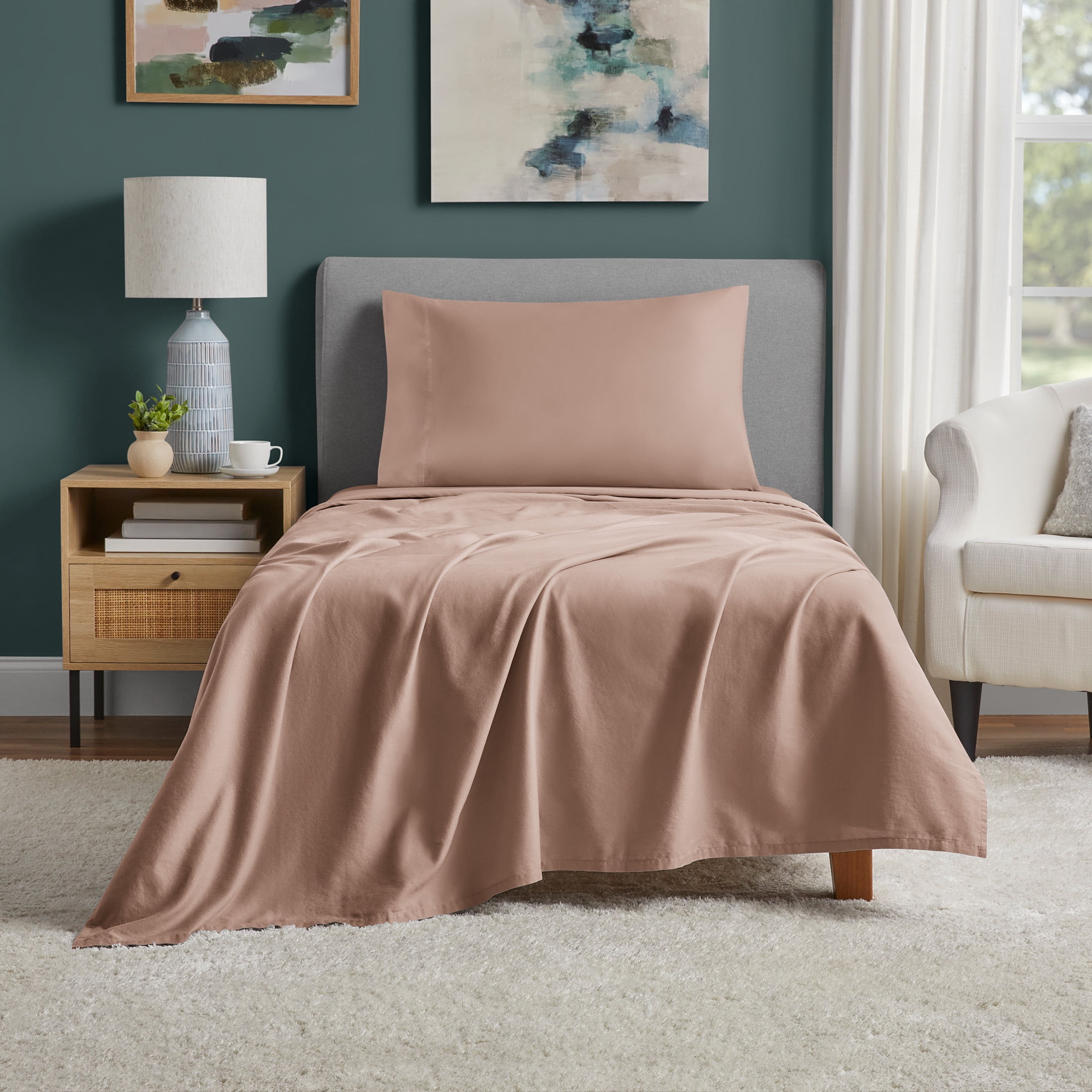 Mainstays Dreamy Soft 100% Cotton 3-Piece Bed Sheet Set, 220 Thread Count Brushed and Washed Sateen, Deep Pocket, Twin, Teddy Bear Brown