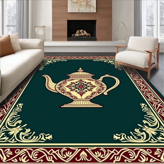 ODIKA 4'x6' Machine Washable Non-Slip Area Rug, Artisan Teapot Hook Seasonal Project High Traffic Rug, Green, 647381