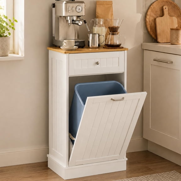 LOUVIXA Tilt Out Trash Can Cabinet, Garbage Can Cabinet, Dog Proof Pull Out Trash Can Wood, White