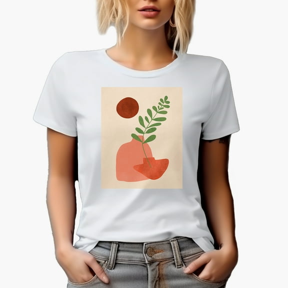 Aesthetic Minimalism Boho Sun & Vase or Botanical Art Merch Gift, White T-Shirt, Small