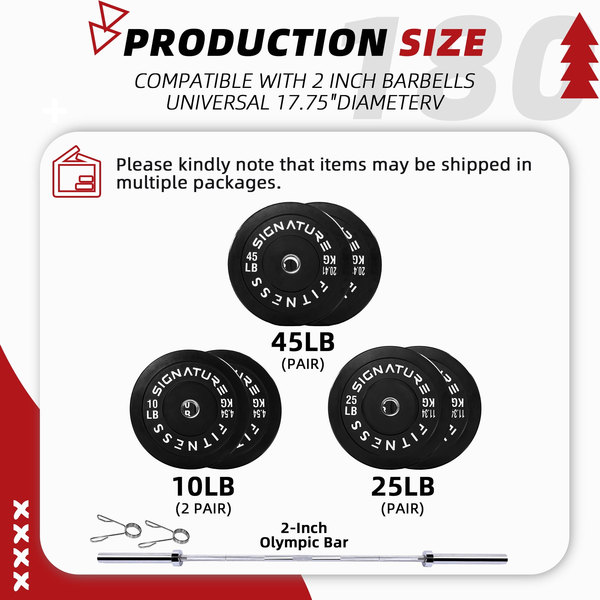 Fitvids 2-Inch Olympic Rubber Weight Plates Sets, Bumper Plates Set with Barbell for Strength Training, 180-390 Lbs Multiple Options