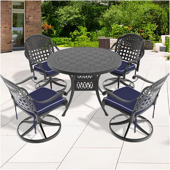 5-Piece Outdoor Dining Set with Swivel Chairs and Round Table, All-Weather Cast Aluminum Patio Furniture in Black
